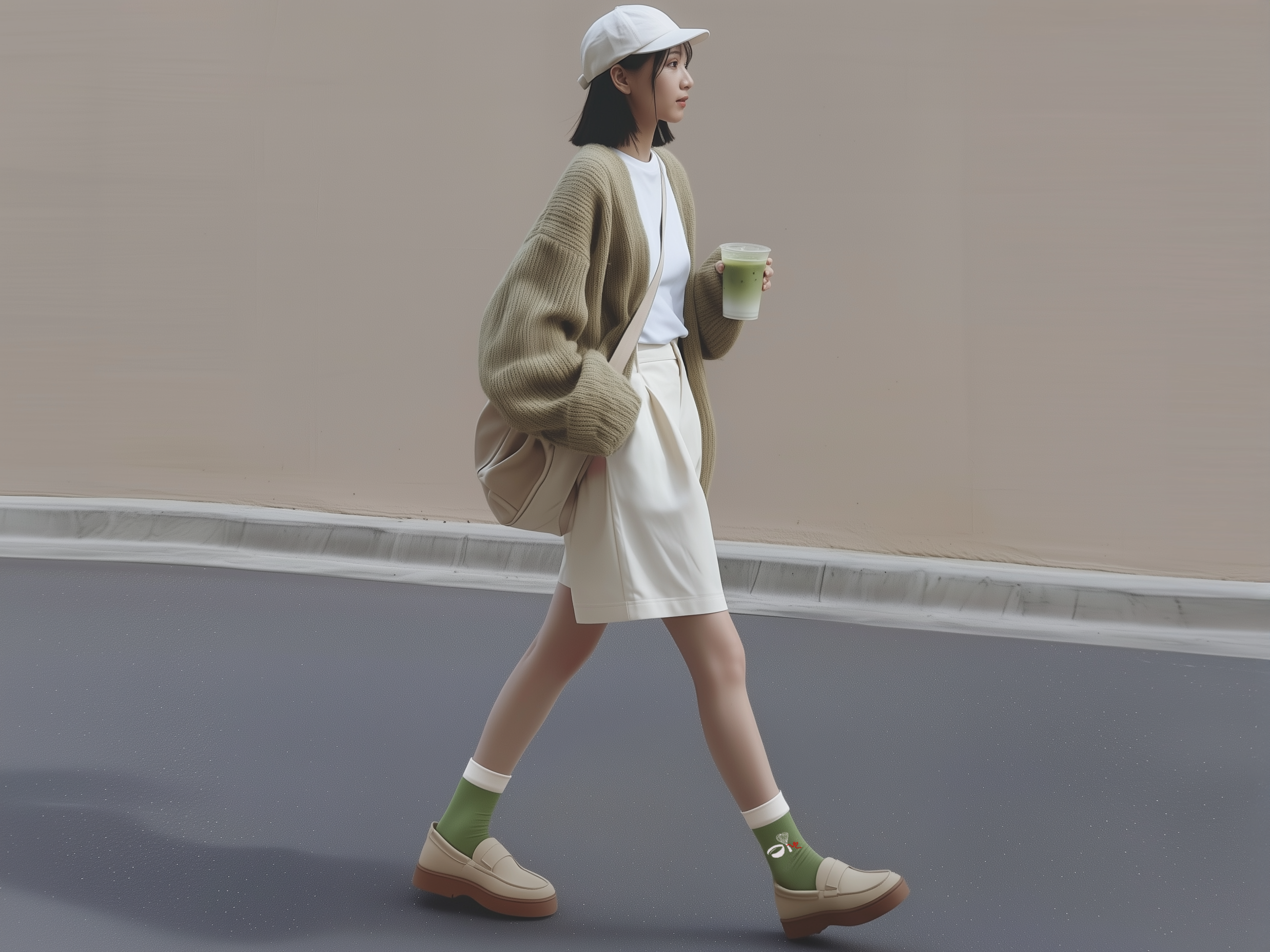 abt matcha flow crew socks, female socks, aesthetic socks, after model.